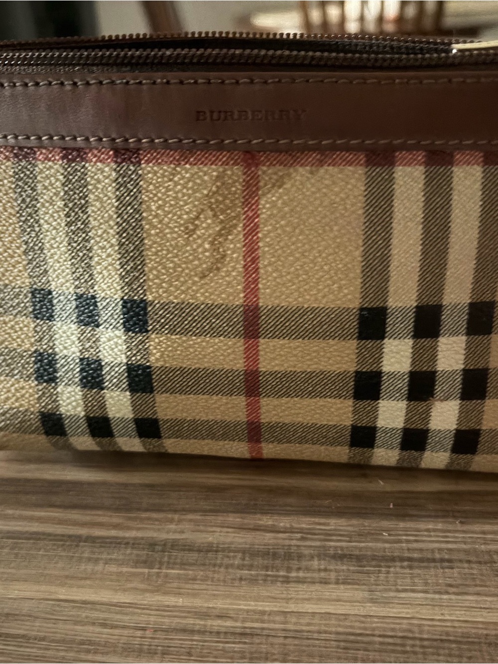 Burberry Beige Check Cosmetic Pouch with Brown Leather Trim
